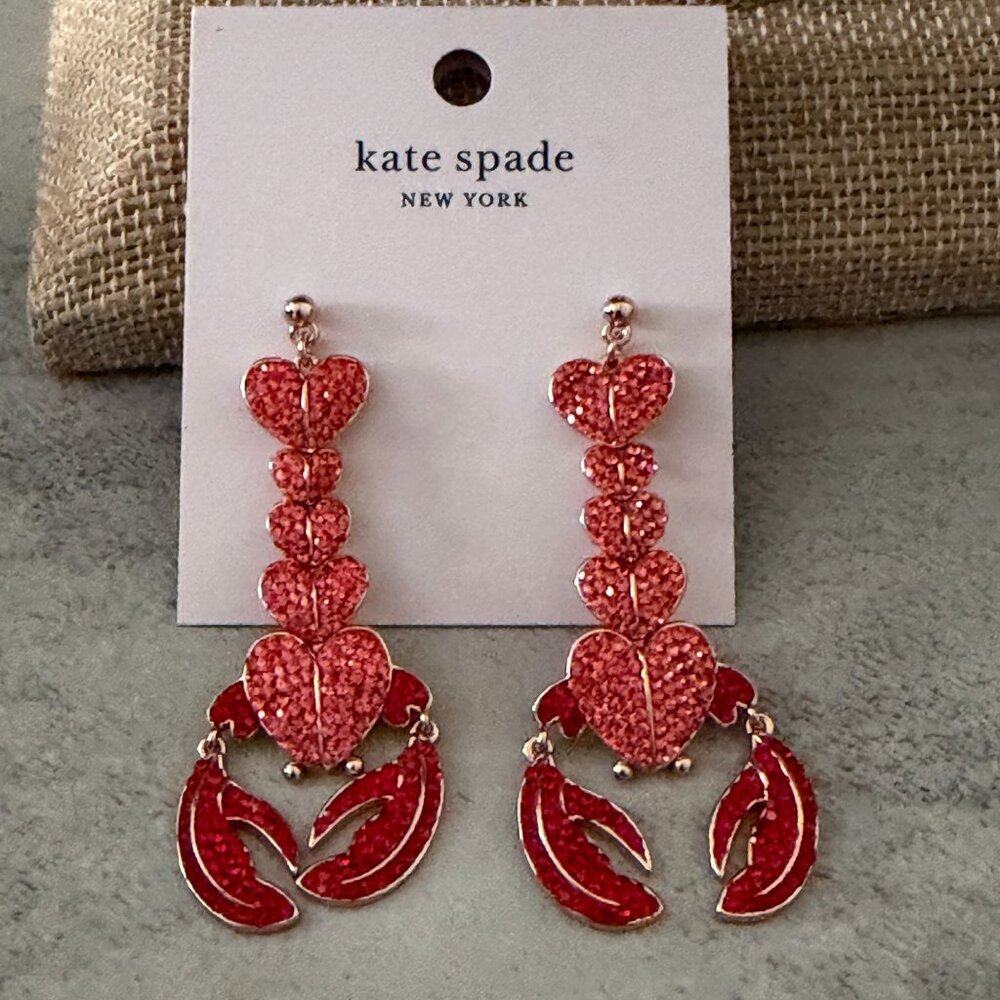 NWT Kate Spade Love Lobster Red Crystal Rose Plated Dangle Pierced Earrings 2.5"